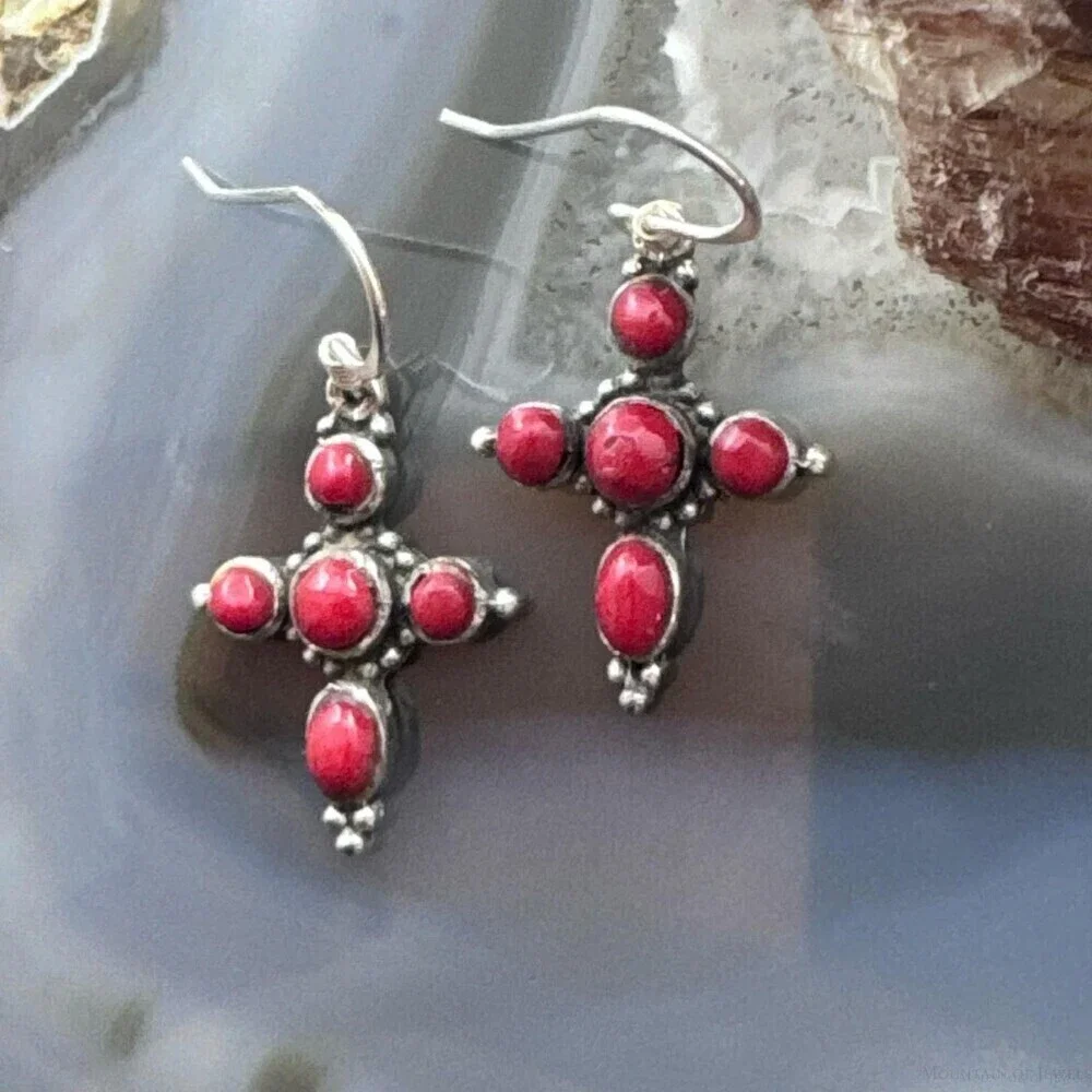 Sterling Silver Southwestern Style Red Jasper Cross Dangle Earrings For Women